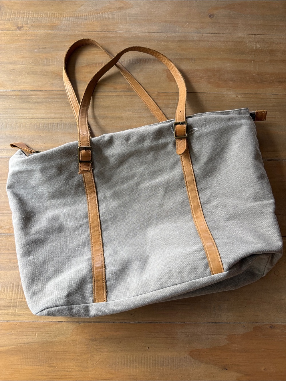 Gray Canvas Tote Bag with Tan Leather Straps